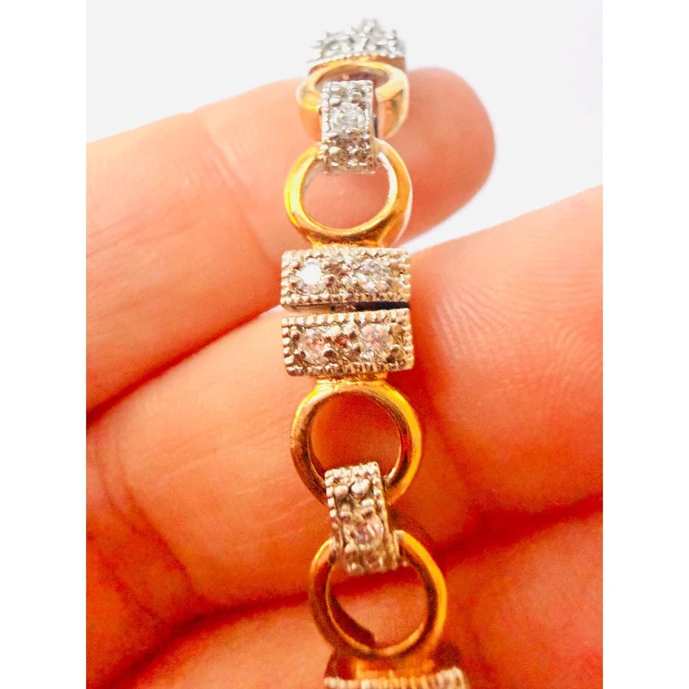 Sterling Silver 925 Two Tone Gold Plated Pave Stone Link Bracelet 7.5